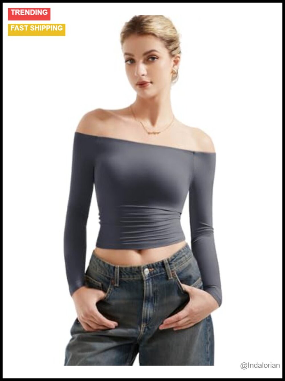 SUUKSESS Off Shoulder Double Lined Long Sleeve Top Slim Fit Crop Tee Y2K